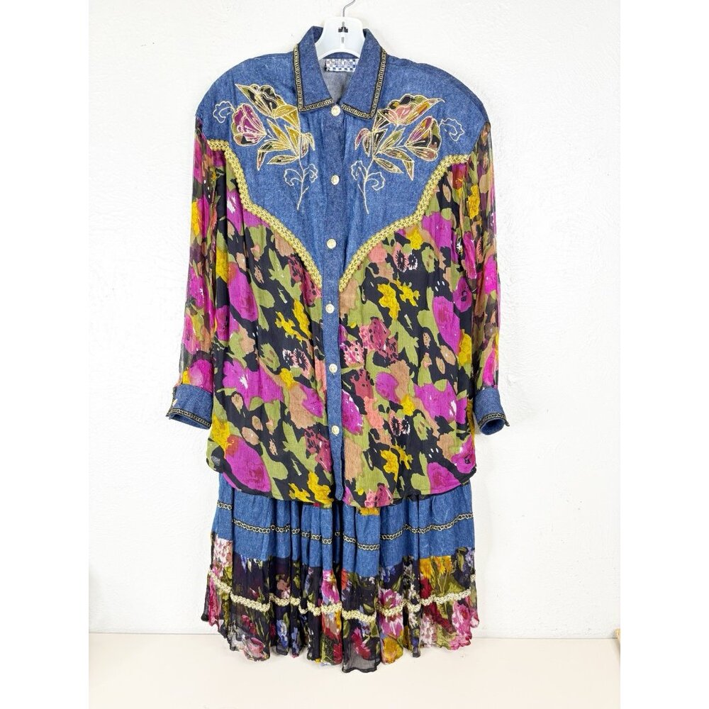 VTG Pretty Bleu (S-Button Shirt M-Maxi Skirt Set) Denim Floral Western Dance GUC